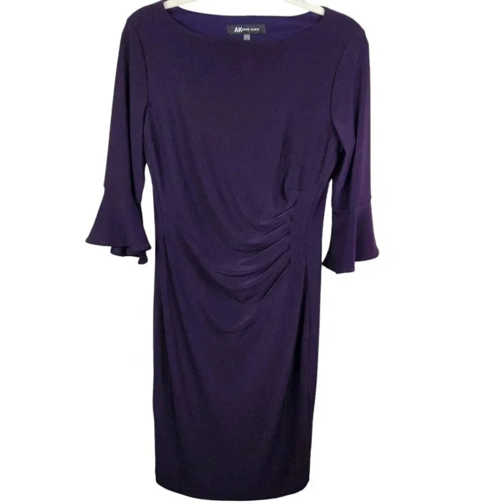 Anne Klein Purple Rouched 3/4 Bell‎ Sleeve Cocktail Evening Dress Size Medium